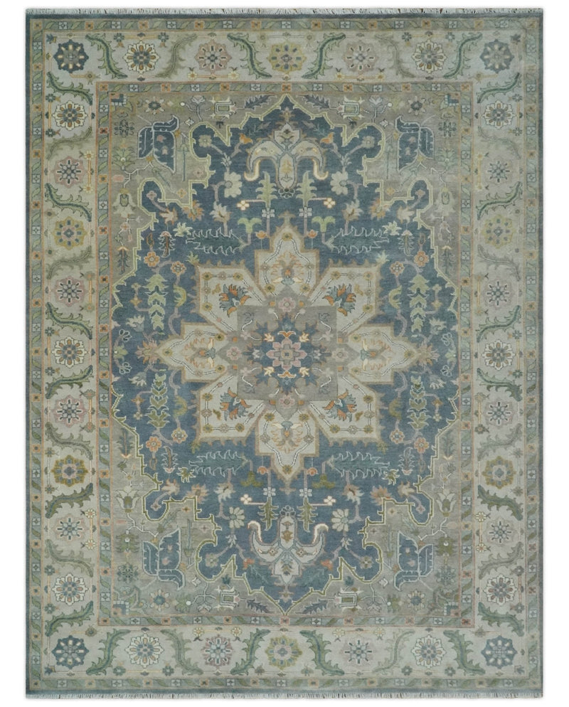 9x12 Hand Knotted Silver and Blue Traditional Heriz Serapi Antique Wool Rug, Living Room and Bedroom Rug