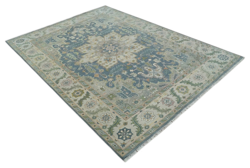 9x12 Hand Knotted Silver and Blue Traditional Heriz Serapi Antique Wool Rug, Living Room and Bedroom Rug
