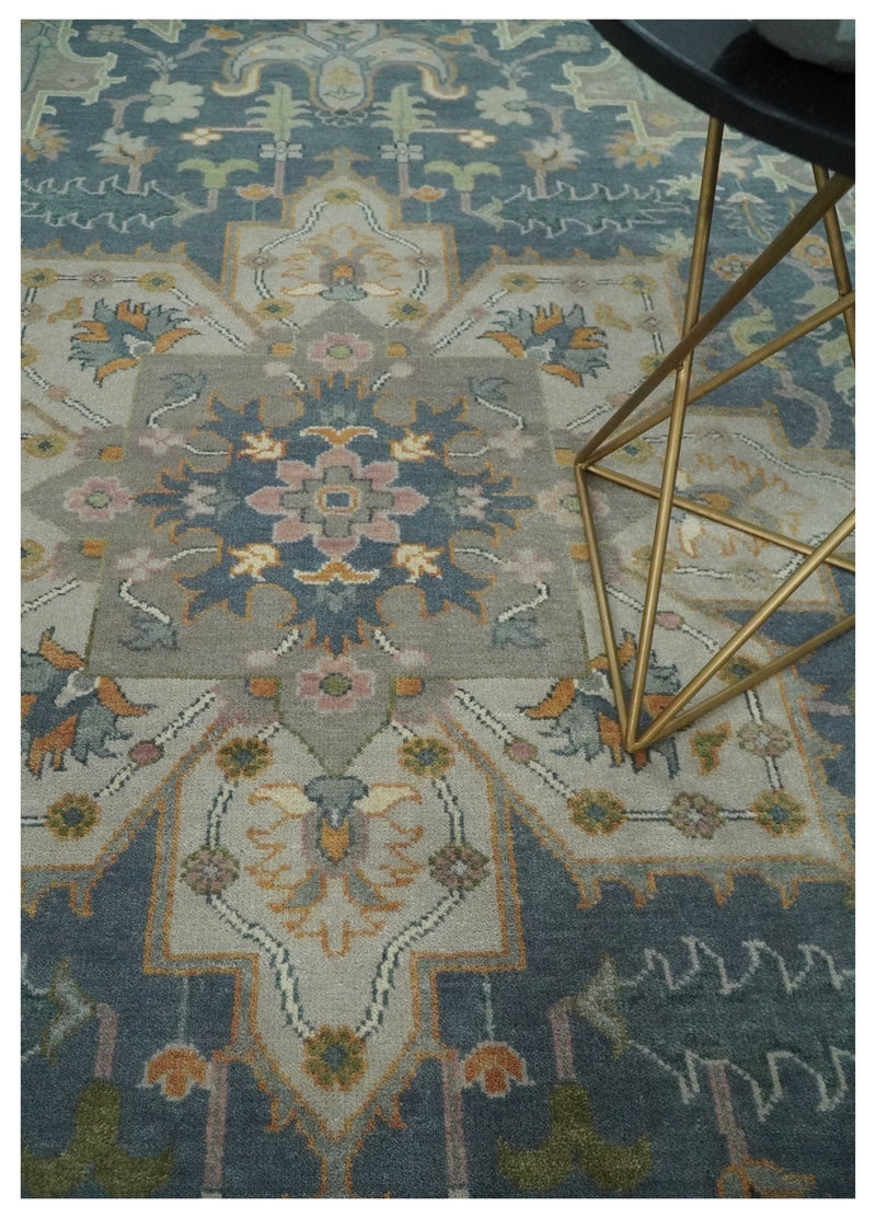 9x12 Hand Knotted Silver and Blue Traditional Heriz Serapi Antique Wool Rug, Living Room and Bedroom Rug