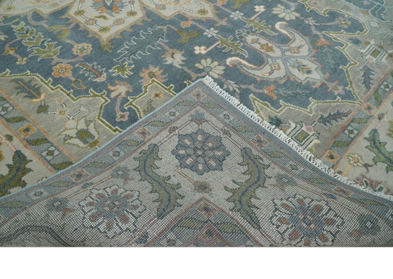 9x12 Hand Knotted Silver and Blue Traditional Heriz Serapi Antique Wool Rug, Living Room and Bedroom Rug