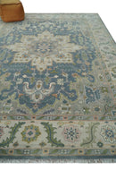 9x12 Hand Knotted Silver and Blue Traditional Heriz Serapi Antique Wool Rug, Living Room and Bedroom Rug