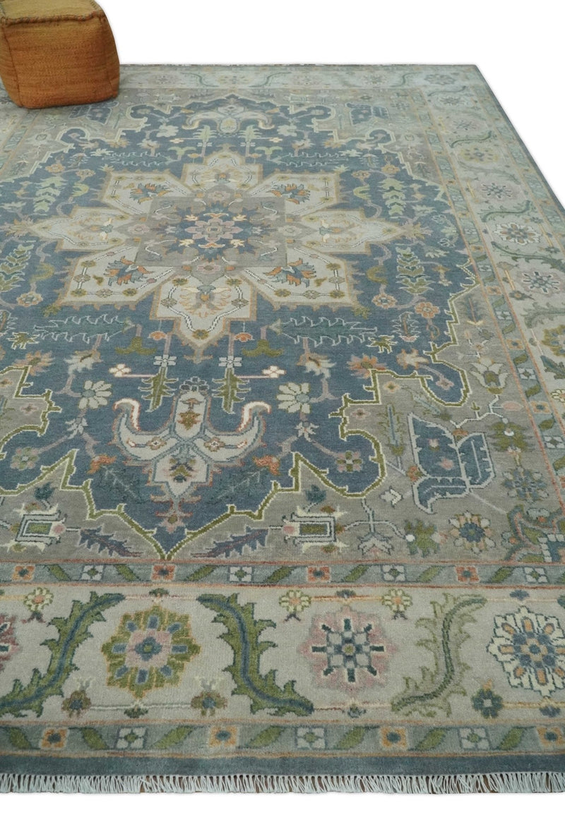 9x12 Hand Knotted Silver and Blue Traditional Heriz Serapi Antique Wool Rug, Living Room and Bedroom Rug