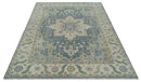 9x12 Hand Knotted Silver and Blue Traditional Heriz Serapi Antique Wool Rug, Living Room and Bedroom Rug