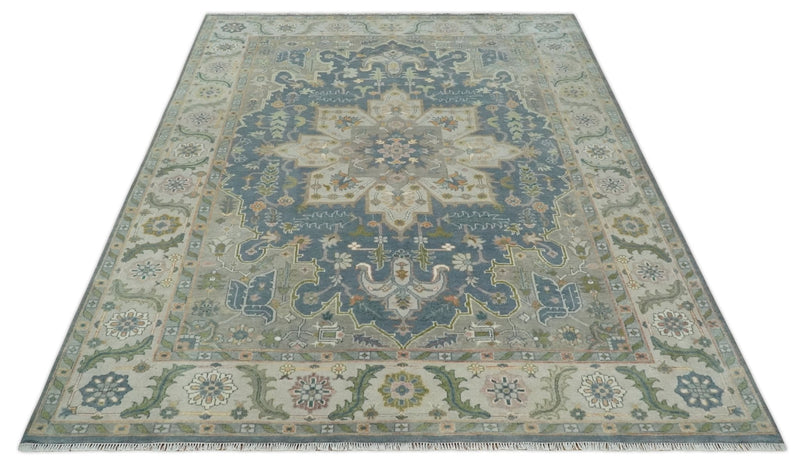 9x12 Hand Knotted Silver and Blue Traditional Heriz Serapi Antique Wool Rug, Living Room and Bedroom Rug