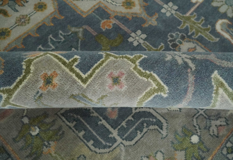 9x12 Hand Knotted Silver and Blue Traditional Heriz Serapi Antique Wool Rug, Living Room and Bedroom Rug