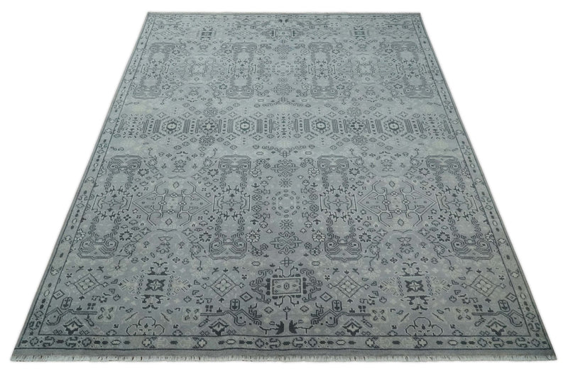 9x12 Hand Knotted Silver, Ivory and Charcoal Traditional Antique Style Wool Rug