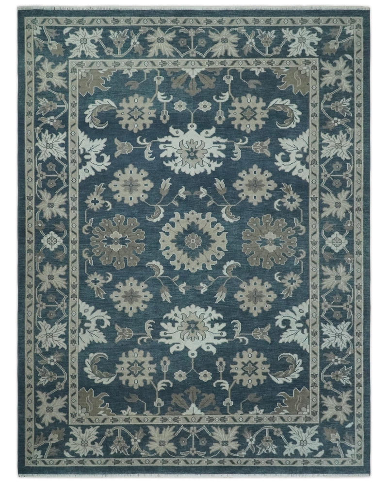 9x12 Hand Knotted Teal and Silver Traditional Oushak Wool Area Rug