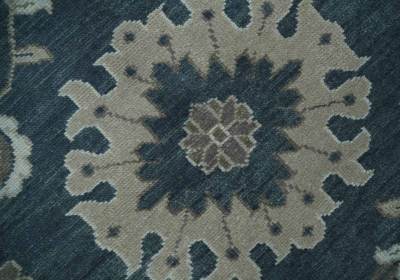 9x12 Hand Knotted Teal and Silver Traditional Oushak Wool Area Rug