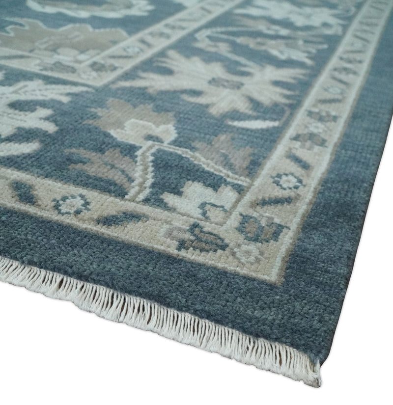 9x12 Hand Knotted Teal and Silver Traditional Oushak Wool Area Rug