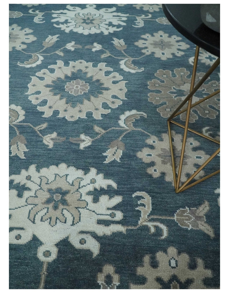9x12 Hand Knotted Teal and Silver Traditional Oushak Wool Area Rug