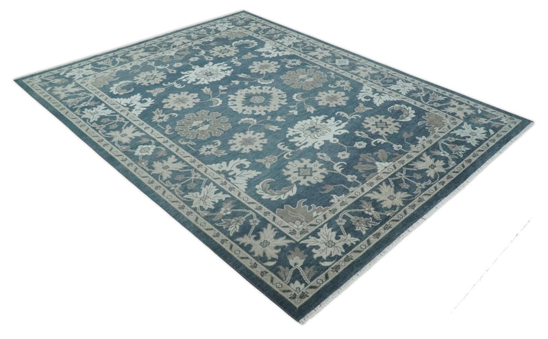 9x12 Hand Knotted Teal and Silver Traditional Oushak Wool Area Rug