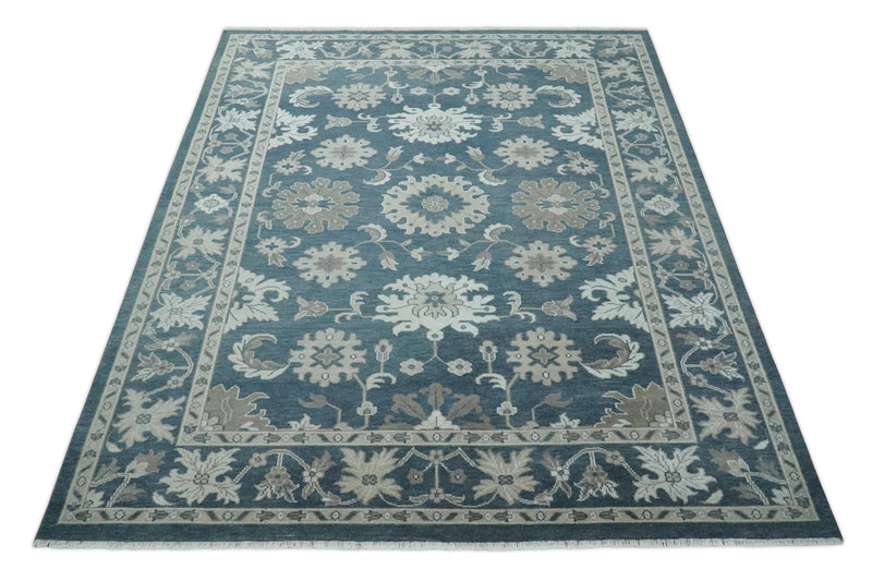 9x12 Hand Knotted Teal and Silver Traditional Oushak Wool Area Rug