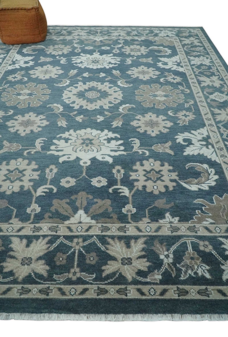 9x12 Hand Knotted Teal and Silver Traditional Oushak Wool Area Rug