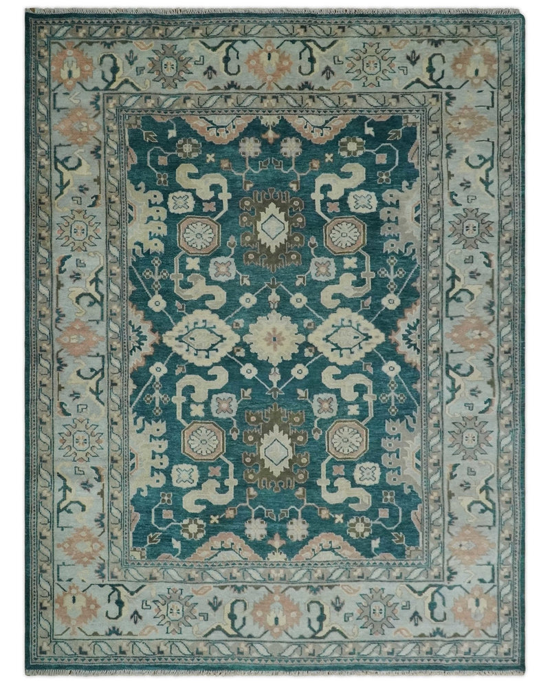 9x12 Hand Knotted Teal, Beige and Silver Traditional Persian Oushak Wool Rug | TRDCP826912