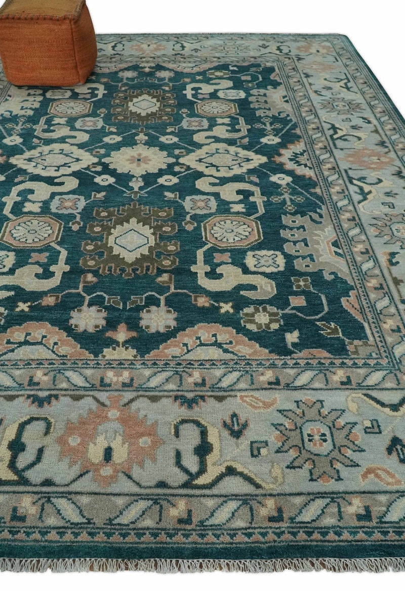 9x12 Hand Knotted Teal, Beige and Silver Traditional Persian Oushak Wool Rug | TRDCP826912