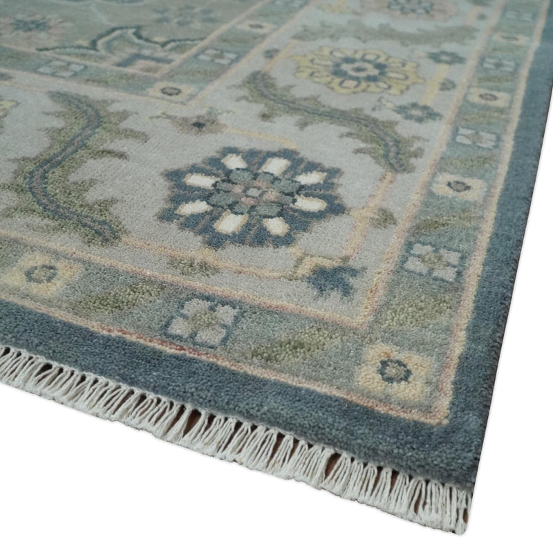 9x12 Medallion Hand Knotted Ivory, Teal and Olive Traditional Wool Area Rug