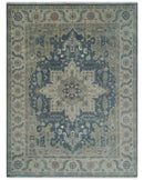 9x12 Medallion Hand Knotted Ivory, Teal and Olive Traditional Wool Area Rug
