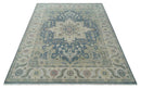 9x12 Medallion Hand Knotted Ivory, Teal and Olive Traditional Wool Area Rug