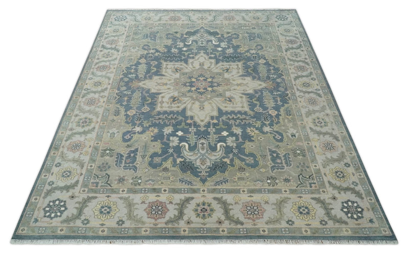 9x12 Medallion Hand Knotted Ivory, Teal and Olive Traditional Wool Area Rug