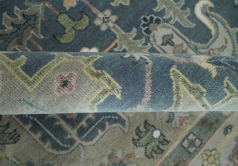 9x12 Medallion Hand Knotted Ivory, Teal and Olive Traditional Wool Area Rug