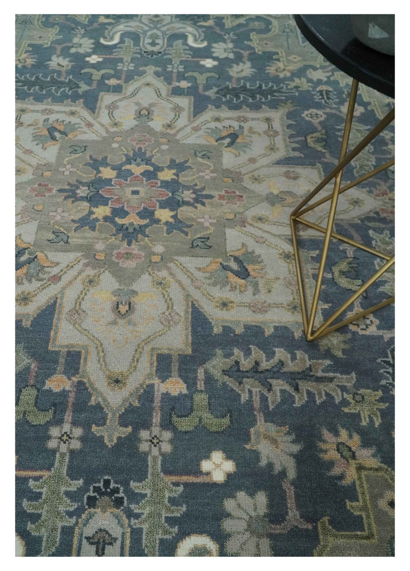 9x12 Medallion Hand Knotted Ivory, Teal and Olive Traditional Wool Area Rug