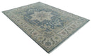 9x12 Medallion Hand Knotted Ivory, Teal and Olive Traditional Wool Area Rug