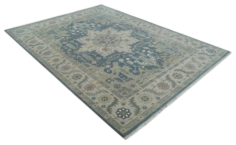 9x12 Medallion Hand Knotted Ivory, Teal and Olive Traditional Wool Area Rug