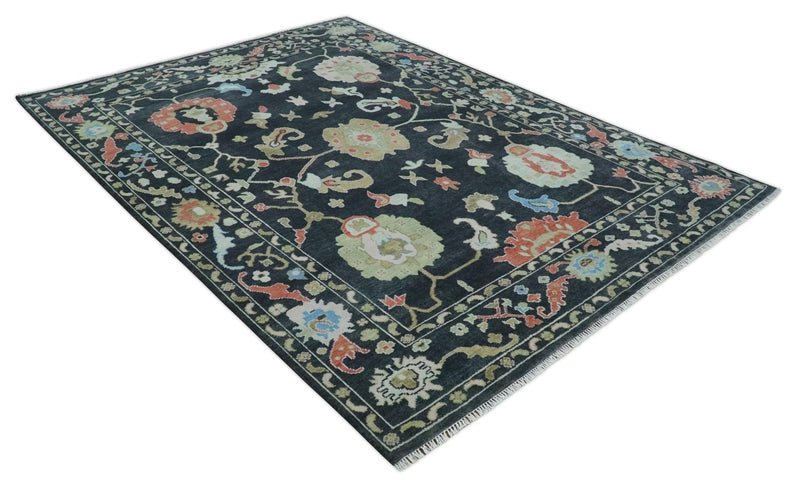 9x12 Modern Hand Knotted Black and Multicolor Traditional Oushak Wool Rug