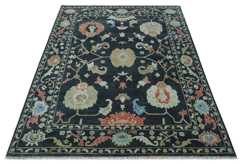 9x12 Modern Hand Knotted Black and Multicolor Traditional Oushak Wool Rug