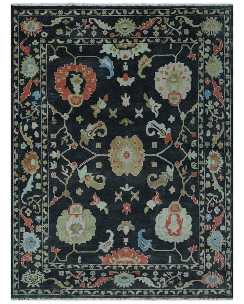 9x12 Modern Hand Knotted Black and Multicolor Traditional Oushak Wool Rug
