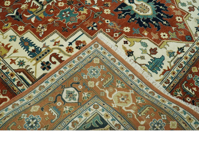 9x12 Rust and Ivory Fine Hand Knotted Traditional Heriz wool area rug