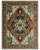 9x12 Rust and Ivory Fine Hand Knotted Traditional Heriz wool area rug