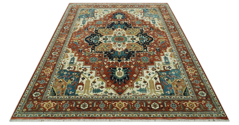 9x12 Rust and Ivory Fine Hand Knotted Traditional Heriz wool area rug