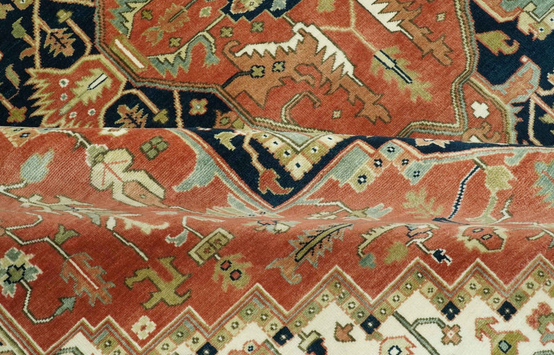 9x12 Rust, Ivory and Blue fine Hand Knotted Traditional Heriz wool area rug