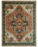9x12 Rust, Ivory and Blue fine Hand Knotted Traditional Heriz wool area rug