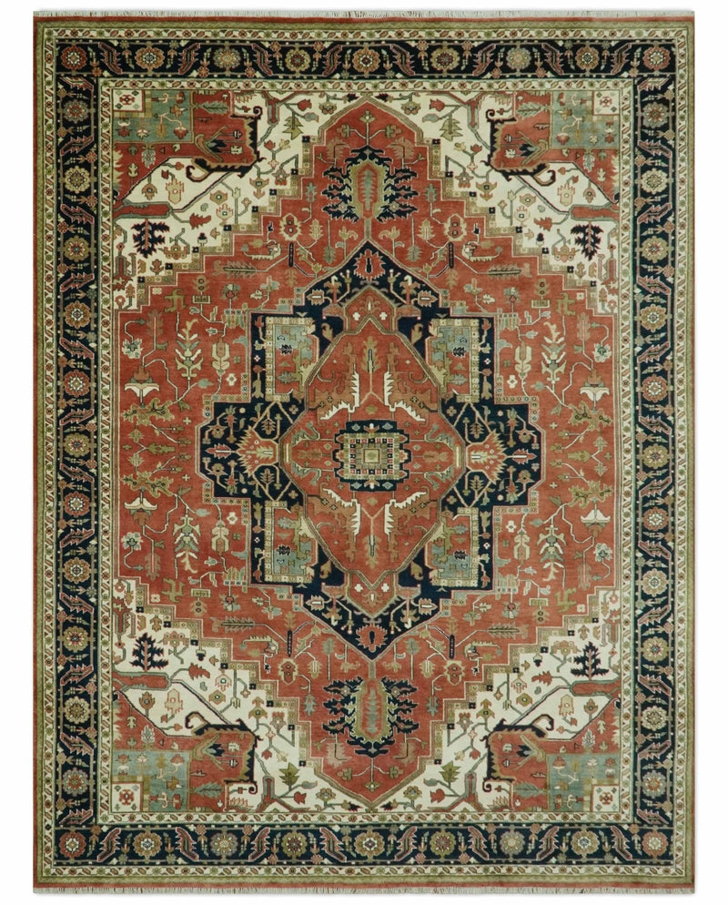 9x12 Rust, Ivory and Blue fine Hand Knotted Traditional Heriz wool area rug