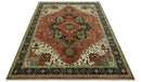 9x12 Rust, Ivory and Blue fine Hand Knotted Traditional Heriz wool area rug