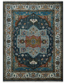 9x12 Rust, Silver, Blue and Ivory Hand Knotted Traditional Heriz Serapi Wool Area Rug