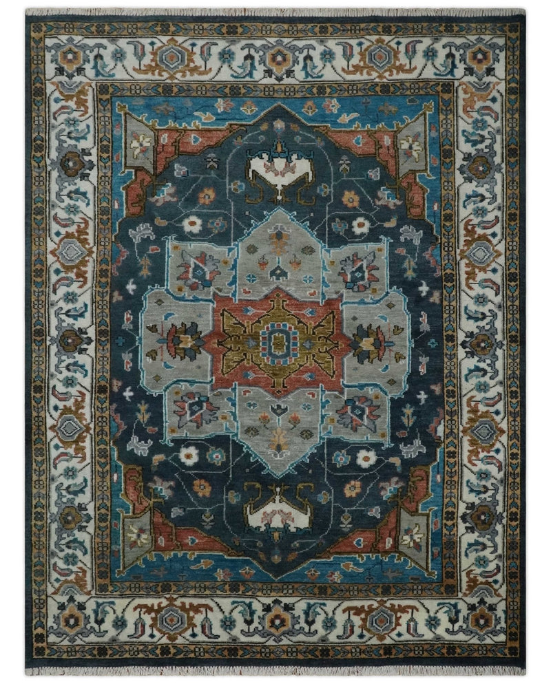 9x12 Rust, Silver, Blue and Ivory Hand Knotted Traditional Heriz Serapi Wool Area Rug