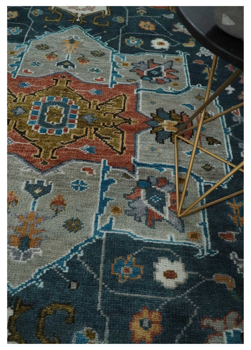 9x12 Rust, Silver, Blue and Ivory Hand Knotted Traditional Heriz Serapi Wool Area Rug