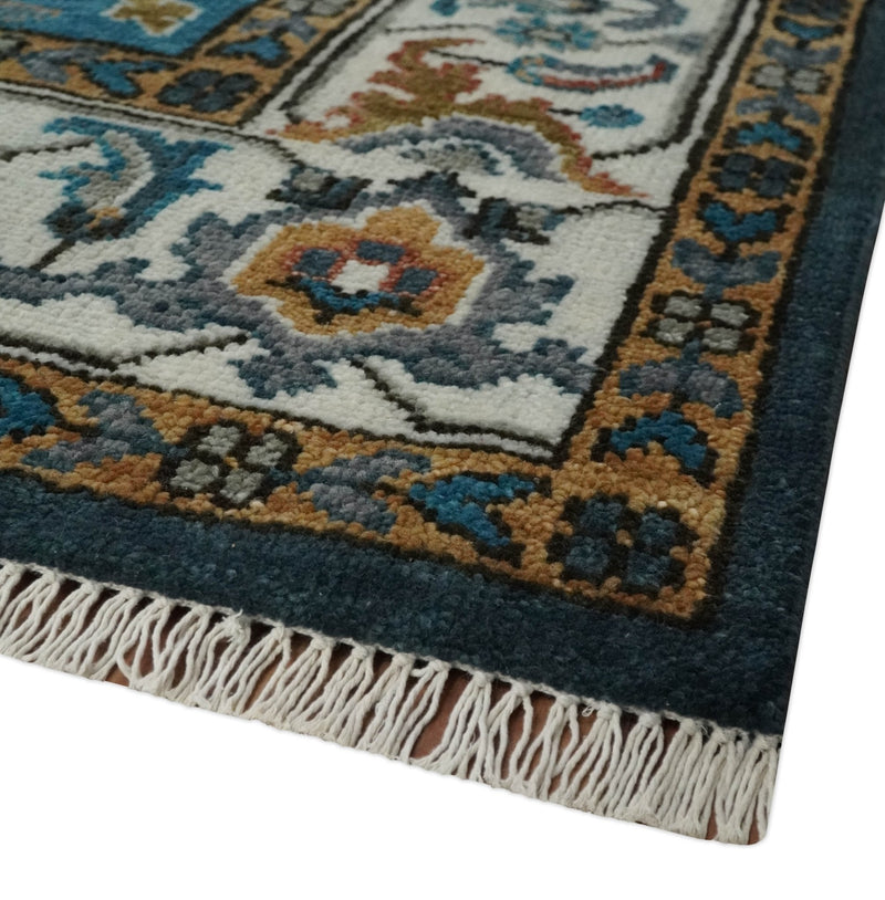 9x12 Rust, Silver, Blue and Ivory Hand Knotted Traditional Heriz Serapi Wool Area Rug