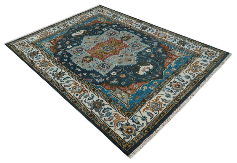 9x12 Rust, Silver, Blue and Ivory Hand Knotted Traditional Heriz Serapi Wool Area Rug
