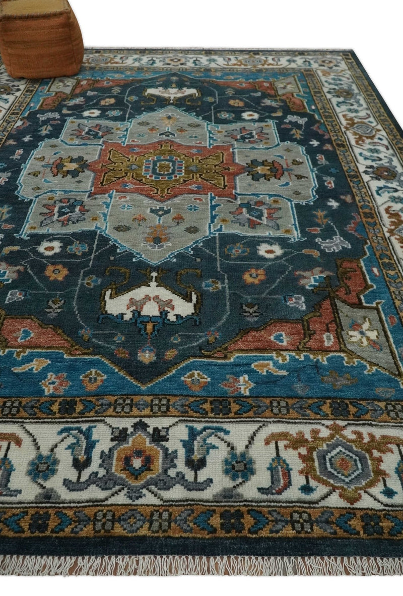 9x12 Rust, Silver, Blue and Ivory Hand Knotted Traditional Heriz Serapi Wool Area Rug