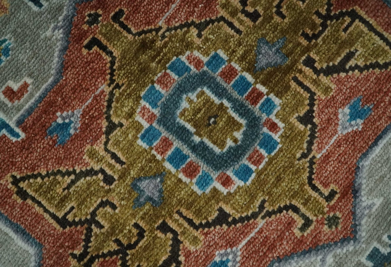 9x12 Rust, Silver, Blue and Ivory Hand Knotted Traditional Heriz Serapi Wool Area Rug