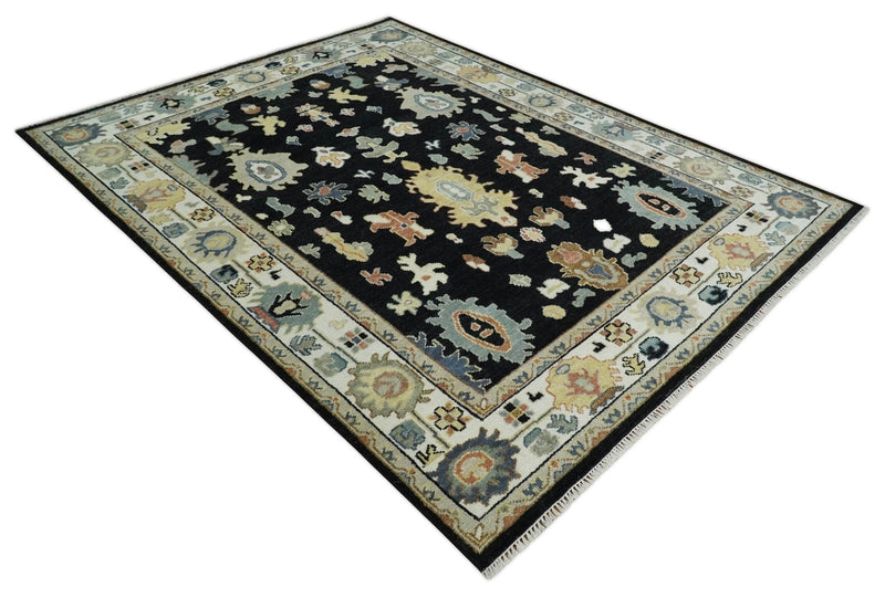 9x12 Wool Traditional Persian Black and Ivory Colorful Hand knotted Oushak Area Rug | TRDCP1081912