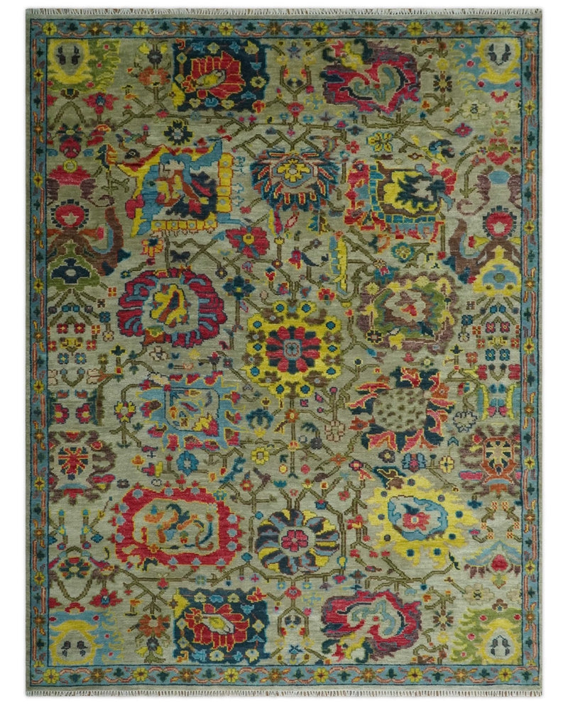 9x12 Wool Traditional Persian Olive and Blue Vibrant Colorful Hand knotted Oushak Area Rug | TRDCP1098912S