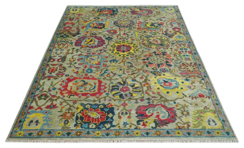 9x12 Wool Traditional Persian Olive and Blue Vibrant Colorful Hand knotted Oushak Area Rug | TRDCP1098912S