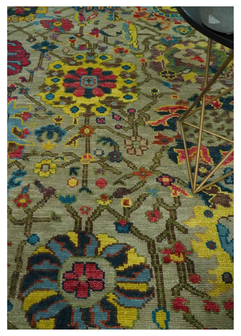 9x12 Wool Traditional Persian Olive and Blue Vibrant Colorful Hand knotted Oushak Area Rug | TRDCP1098912S