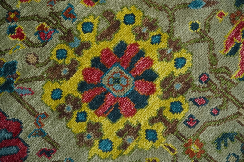 9x12 Wool Traditional Persian Olive and Blue Vibrant Colorful Hand knotted Oushak Area Rug | TRDCP1098912S