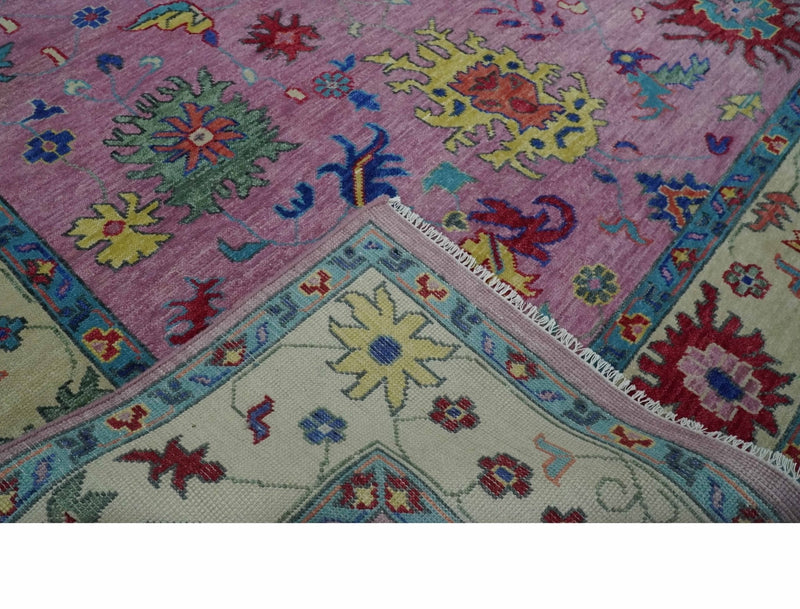 8x10 and 9x12 Wool Traditional Pink, Beige and Blue Vibrant Colorful Hand knotted Oushak Area Rug